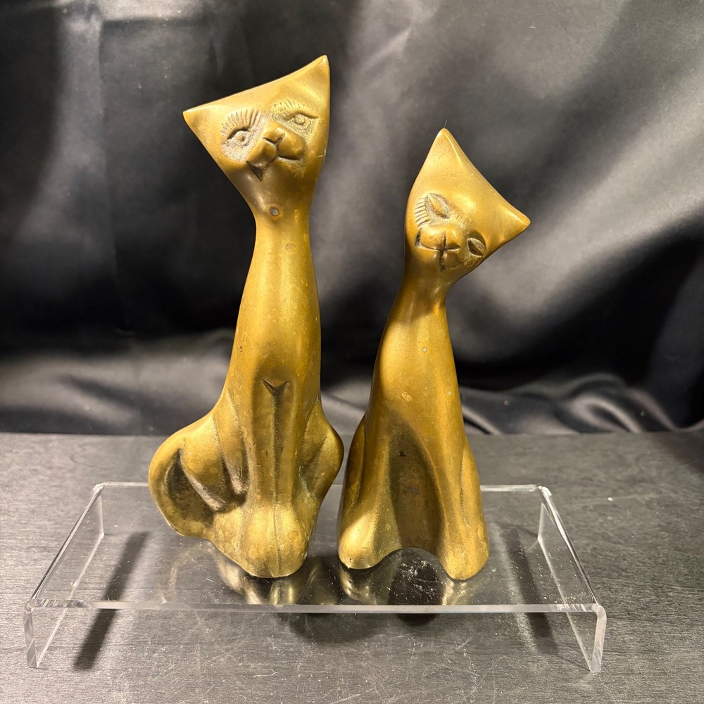 Leonard Silver Solid Brass Cat Figurines Set of 2 Mid Century Modern MCM Korea